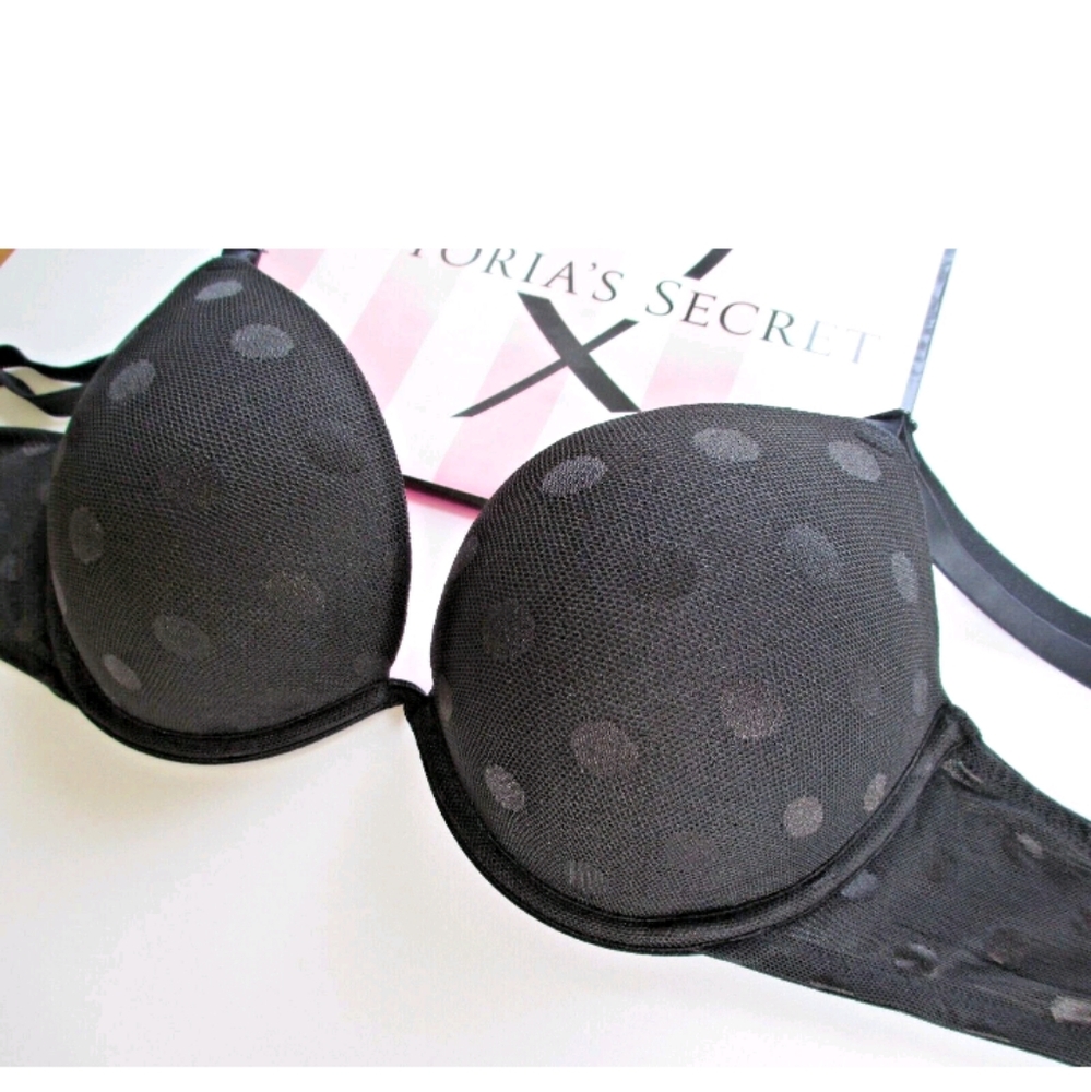 VICTORIA'S SECRET PINK Super Push-Up Black Lace Dot Bra VS 36C 36DD 38C 40DD